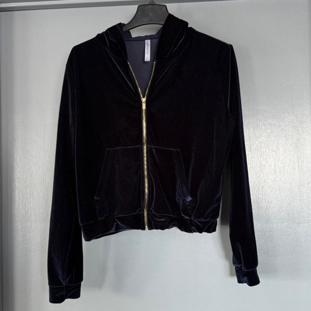 Fabletics Hoodie Womens Dark Blue Velour Gold Zip Up Activewear Athleisure sz M